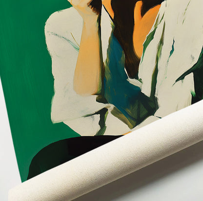 Feminine coffee wall art print with a stylish woman against an emerald green background