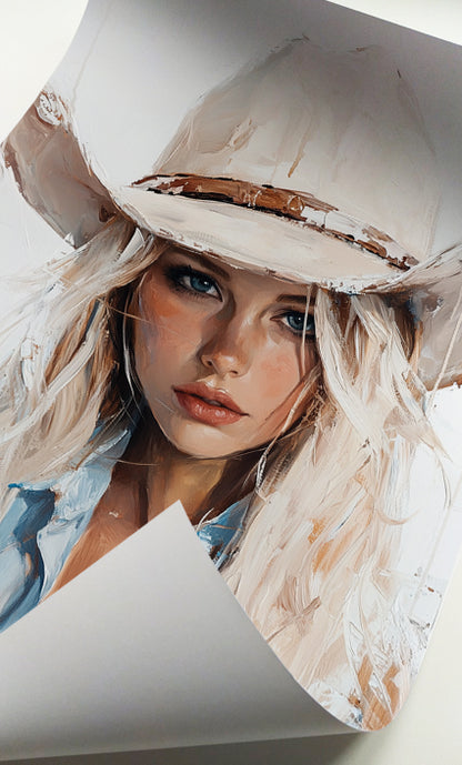Feminine cowgirl portrait print featuring a blonde woman in soft neutral colors.