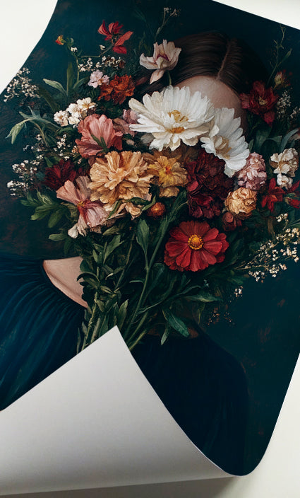 Feminine dark floral wall art featuring a woman with her face concealed by a lush bouquet