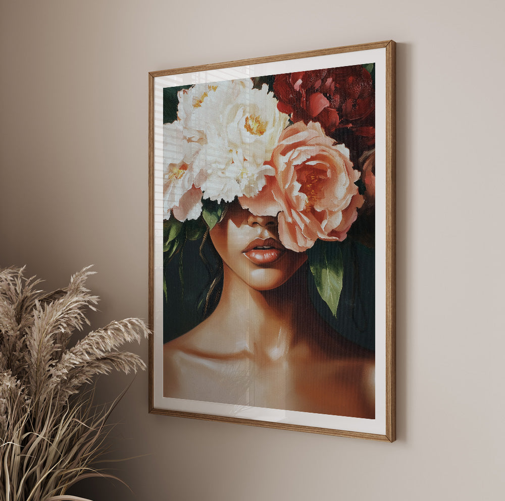 Feminine floral portrait art with oversized white and blush flowers and rich green leaves