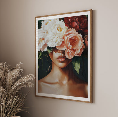 Feminine floral portrait art with oversized white and blush flowers and rich green leaves