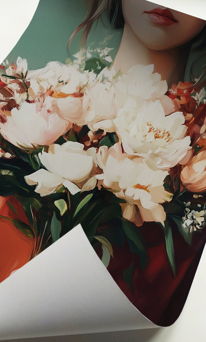 Feminine floral portrait art with white flowers, warm terracotta tones and a muted green background