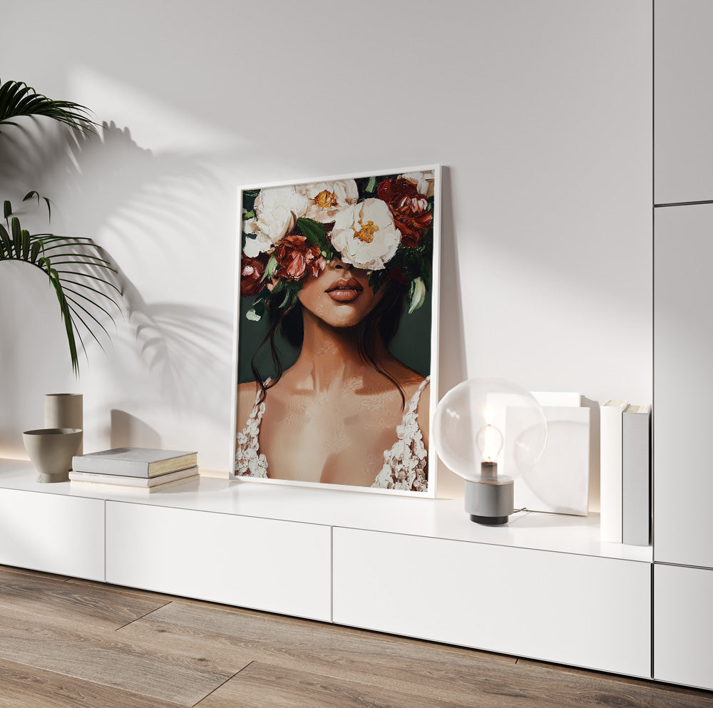 Feminine floral portrait featuring a brunette surrounded by expressive cream, rust and dark red flowers