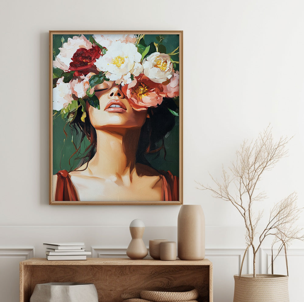 Feminine floral portrait featuring a woman surrounded by expressive pink, cream and red flowers