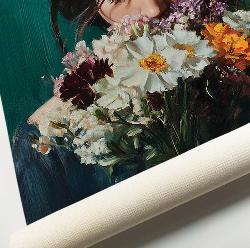 Feminine floral wall art with a brunette holding white, orange and burgundy flowers