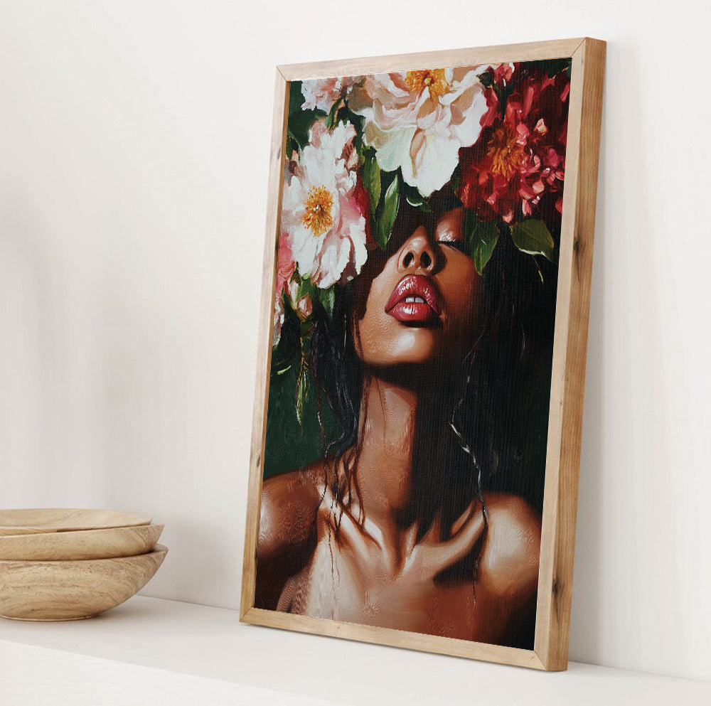 Feminine floral wall art featuring a woman with oversized flowers against a dark green background
