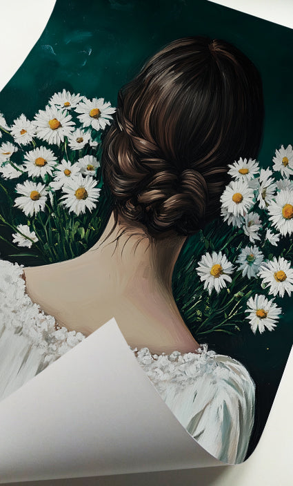 Feminine floral wall art featuring a woman surrounded by white daisies and dark green foliage