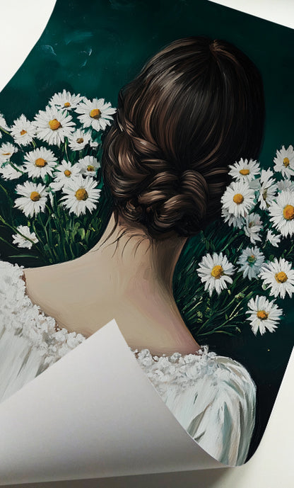 Feminine floral wall art featuring a woman surrounded by white daisies and dark green foliage