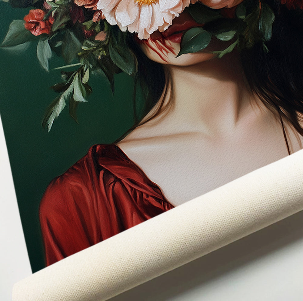 Feminine floral wall art featuring a woman in a red dress with an oversized flower arrangement