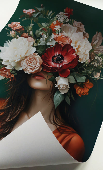 Feminine flower portrait art featuring a brunette woman with red, cream and peach flowers
