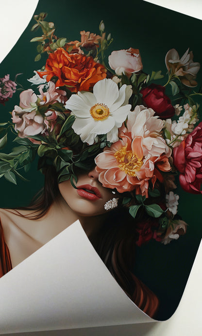 Feminine flower portrait art with pink, peach, white and burgundy blooms on a deep green background
