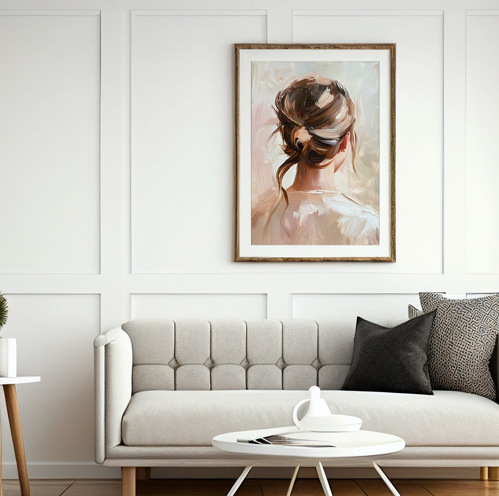 Feminine hairstyle portrait art showing an elegant brunette updo from the back