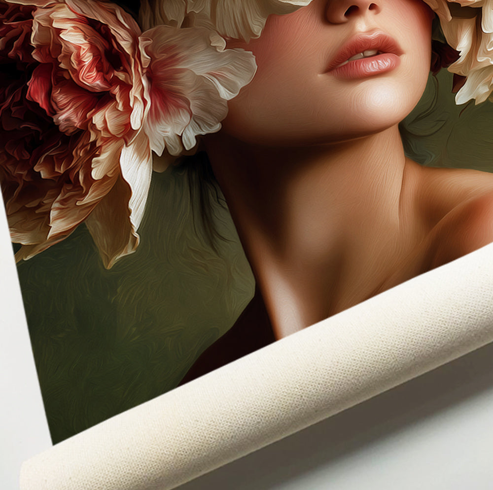 Feminine peony portrait art featuring oversized painterly flowers covering the woman’s eyes