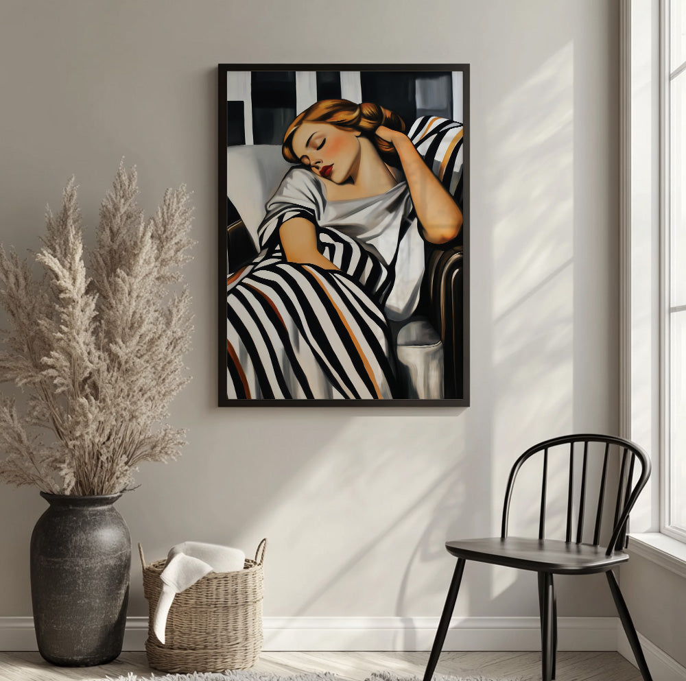 Feminine portrait wall art featuring a relaxed woman resting in a striped chair