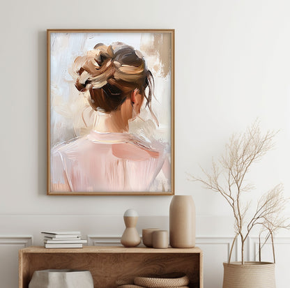 Feminine portrait wall art featuring a woman with an elegant updo and soft pink clothing