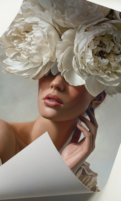 Feminine white floral art featuring a woman with large ivory peonies and soft neutral tones