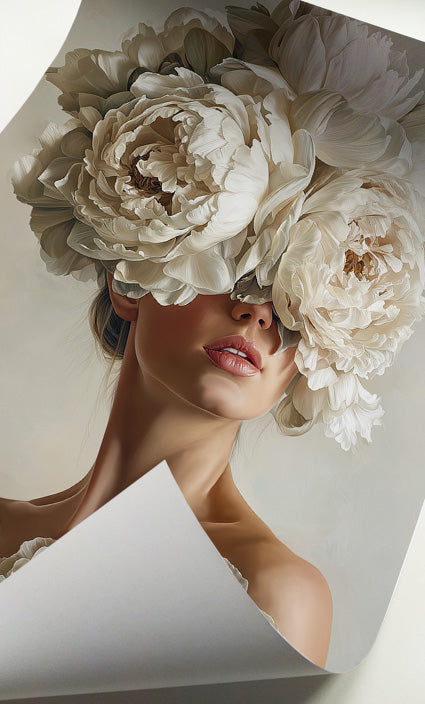 Feminine white floral portrait featuring an elegant woman with abundant ivory flowers around her face