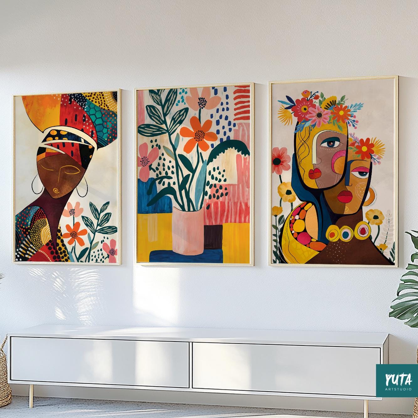 Female abstract wall art – set of 3 African American prints for Afro-modern living spaces.