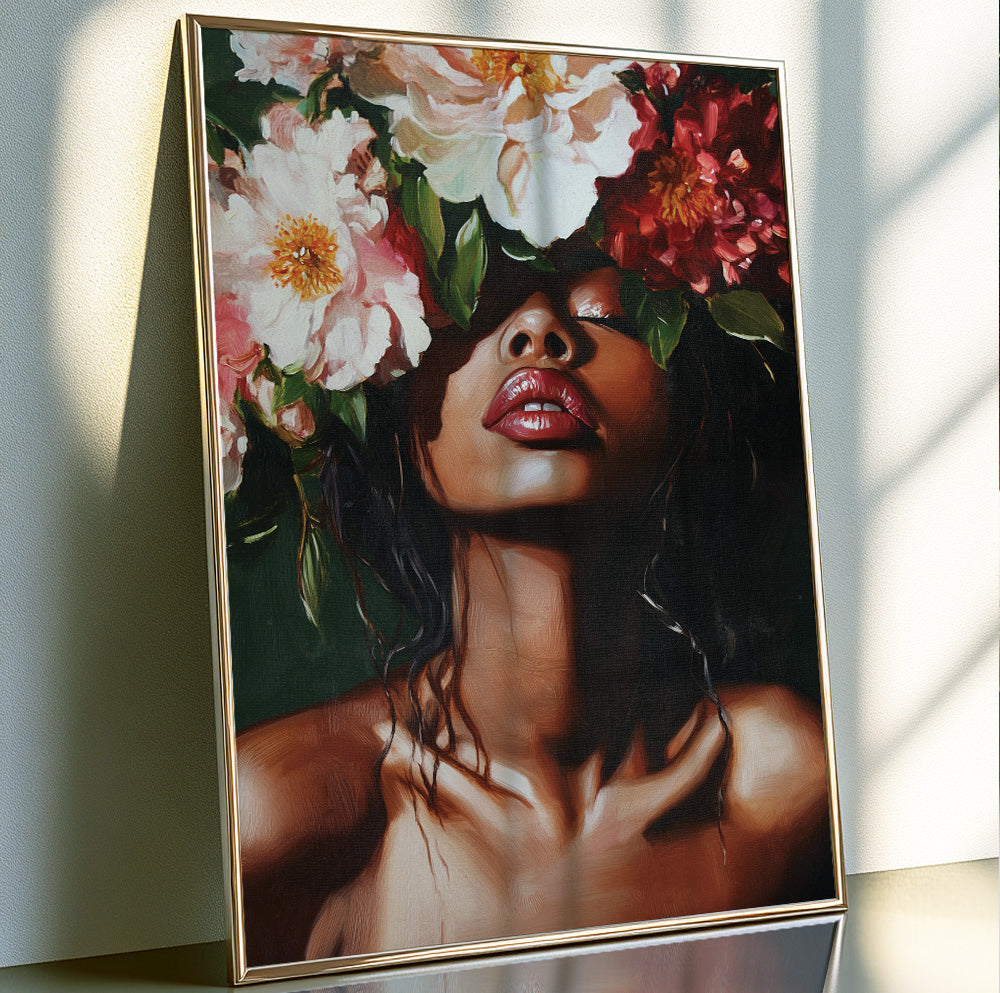 Floral Black woman portrait with dramatic blooms and deep green botanical details