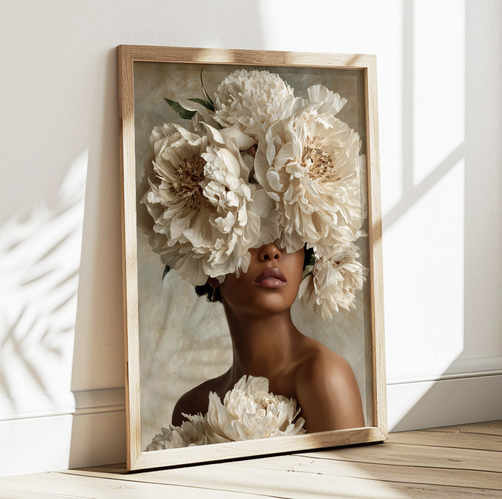 Floral Black woman portrait featuring an elegant female figure surrounded by large cream flowers
