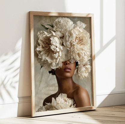 Floral Black woman portrait featuring an elegant female figure surrounded by large cream flowers
