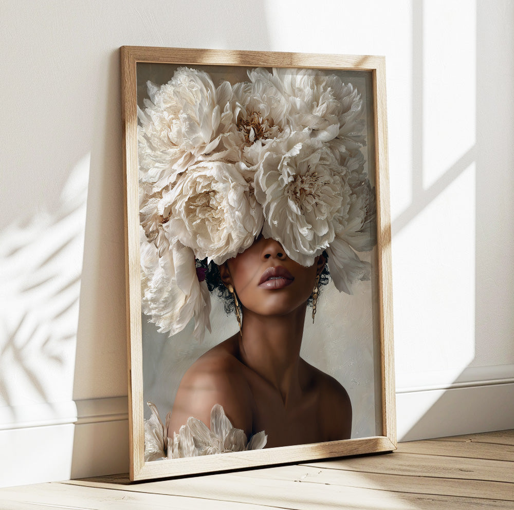 Floral Black woman portrait featuring an elegant female figure surrounded by large cream flowers