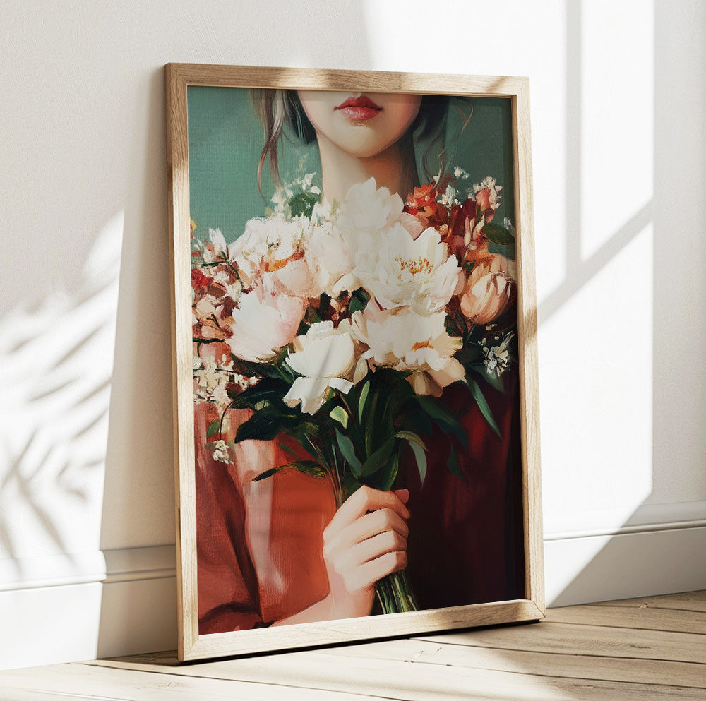 Floral bouquet woman portrait featuring cream and blush flowers against a muted green background