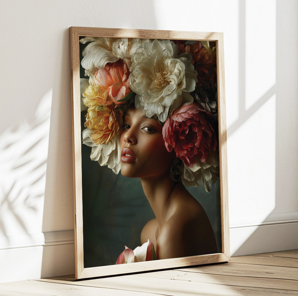 Floral crown woman portrait featuring an elegant female figure surrounded by large romantic peonies