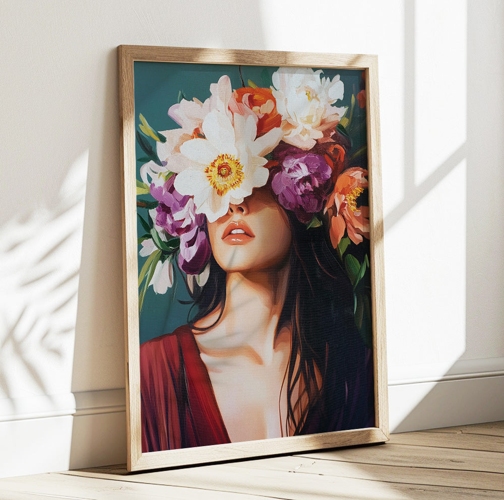 Floral crown woman portrait featuring a female figure surrounded by large colorful peonies and flowers