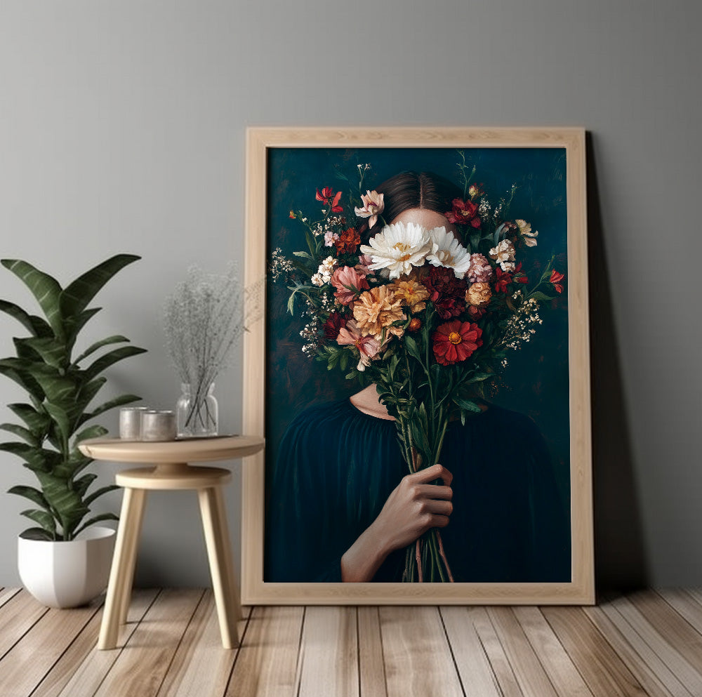 Floral face woman portrait with white, red and warm neutral flowers on a dark background