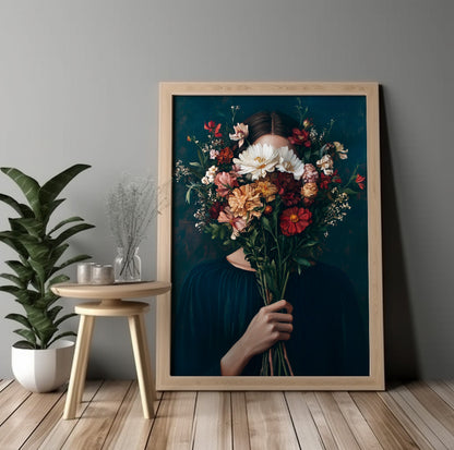 Floral face woman portrait with white, red and warm neutral flowers on a dark background