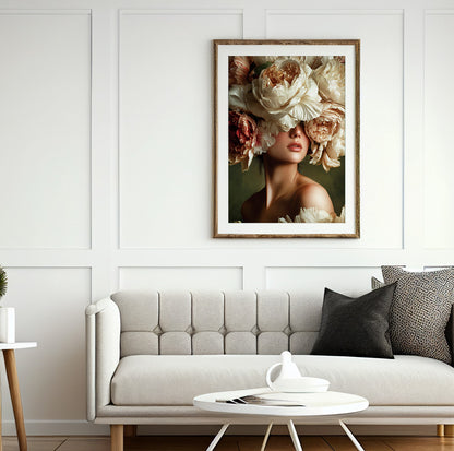 Floral face woman wall art featuring large romantic peonies arranged around a female portrait