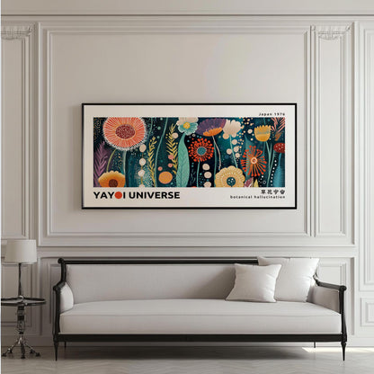 Framed Japanese floral art print with modern botanical motifs above a classic sofa and books.