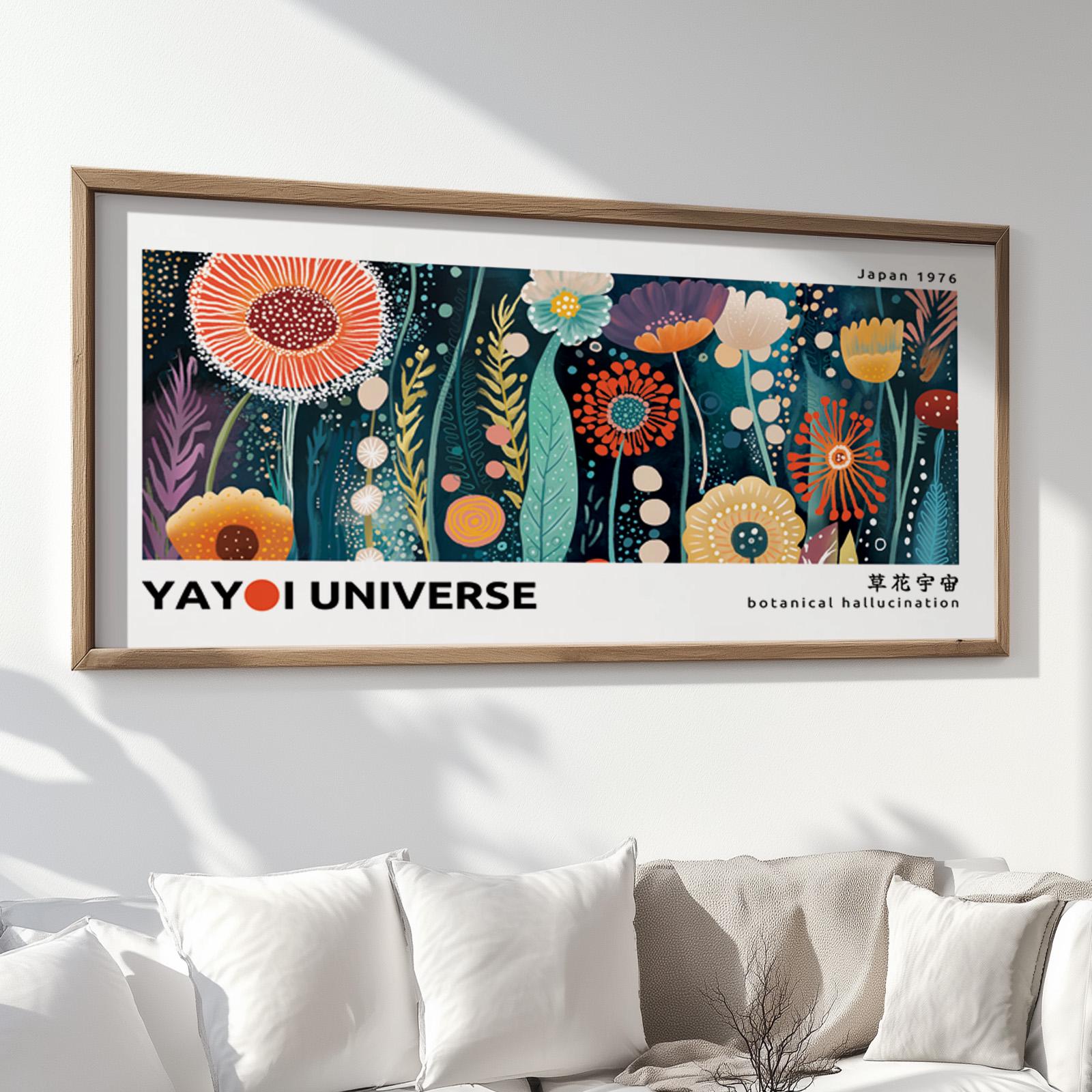 Vibrant Japanese floral art print in a natural wood frame displayed above a white sofa.