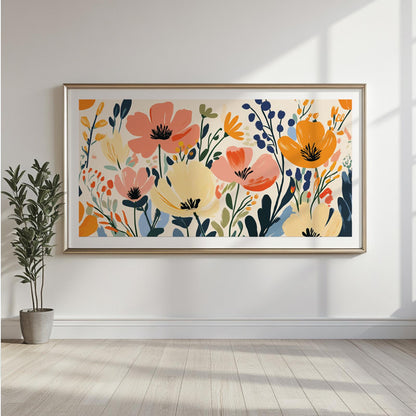 Panoramic floral art print in a wide frame displayed to show large horizontal size.