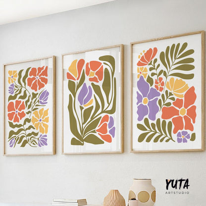 Floral Matisse wall art set featuring colorful botanical cutouts, blooming flowers and organic modern design elements
