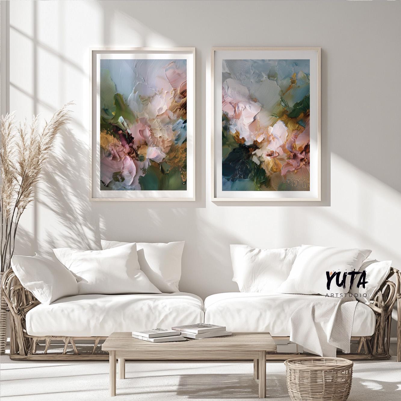Floral wall art diptych with painterly white blossoms, soft pastel colors and contemporary abstract composition