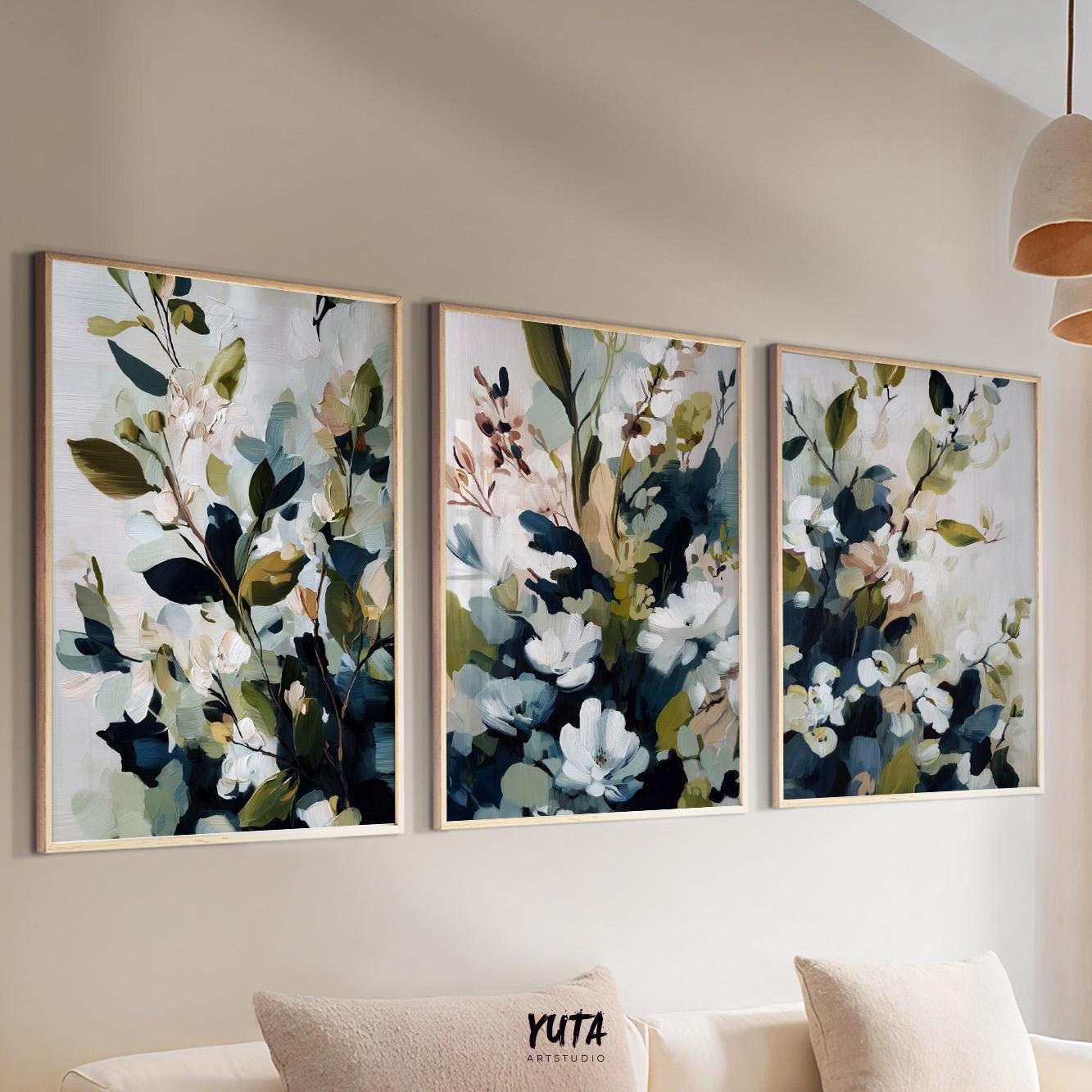 Blue green floral print set featuring neutral botanical artwork for modern living room decor