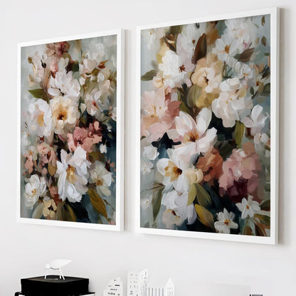 Floral wall art set of 2 featuring white blossoms in a soft impressionist painting style with blush and sage tones