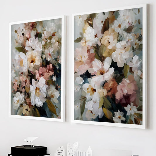 Floral wall art set of 2 featuring white blossoms in a soft impressionist painting style with blush and sage tones