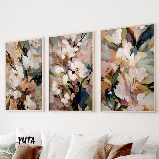 Abstract floral wall art set of three neutral flower prints