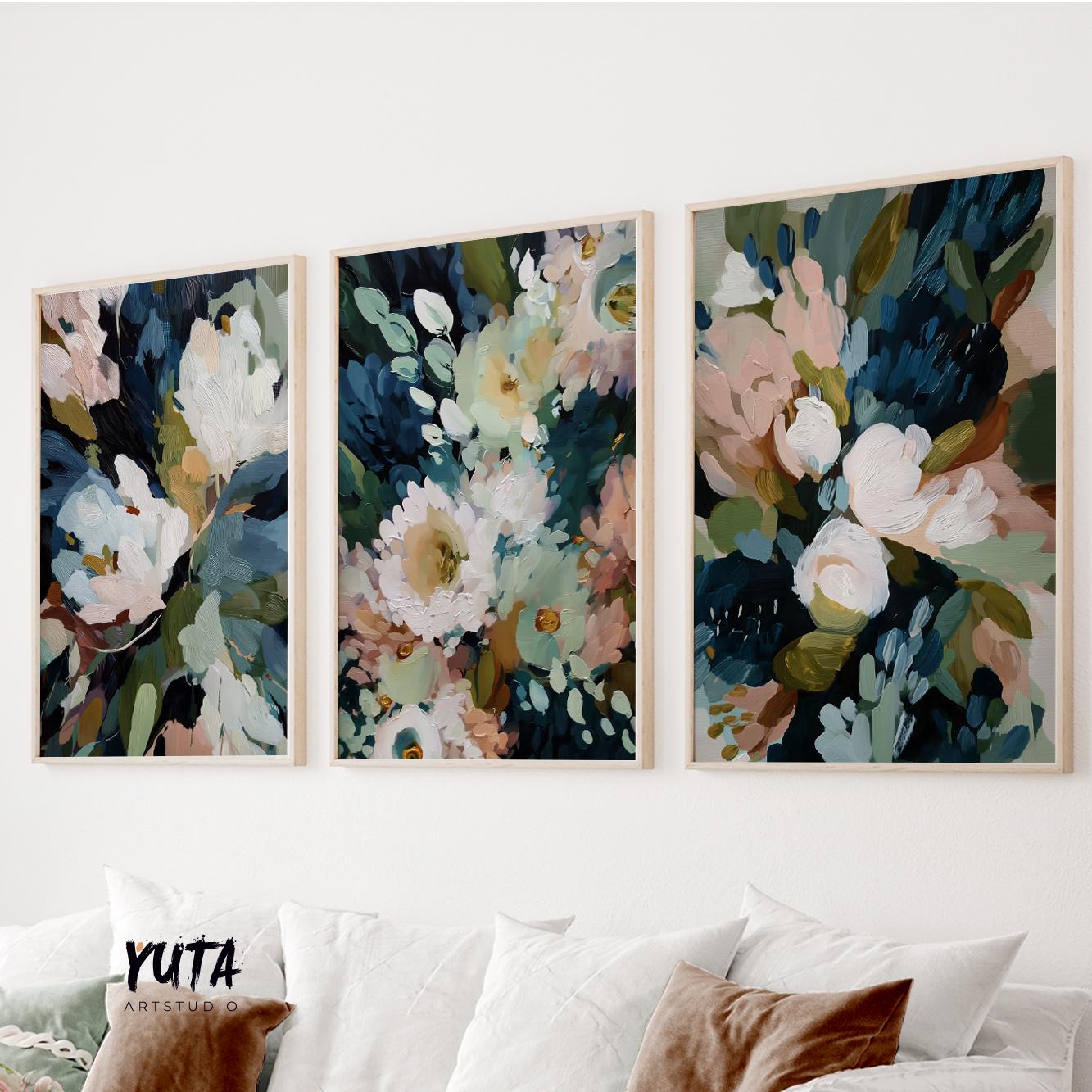 Moody abstract floral wall art set of three dark botanical prints