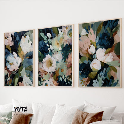 Moody abstract floral wall art set of three dark botanical prints