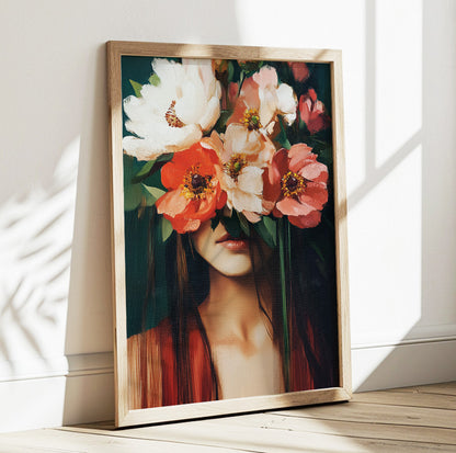 Floral woman portrait art featuring a dark haired woman surrounded by large painterly flowers
