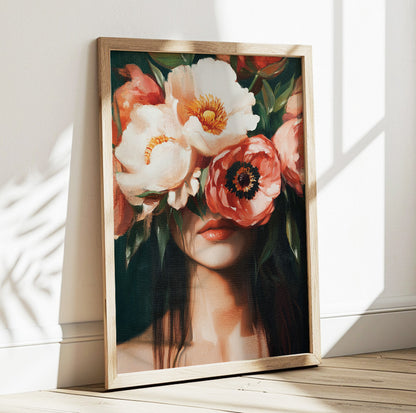 Floral woman portrait art featuring a dark haired woman framed by large painterly cream and coral flowers