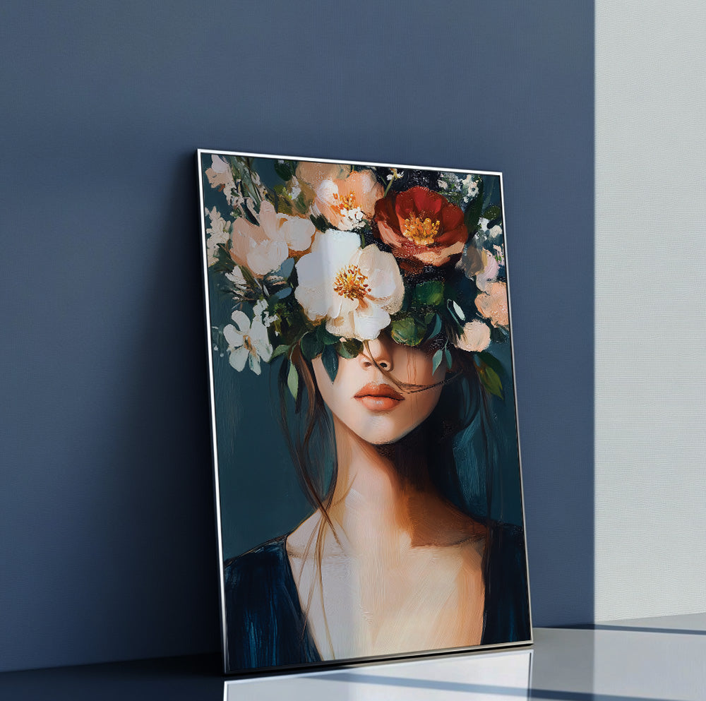 Floral woman portrait art with a dramatic flower crown against a deep blue background