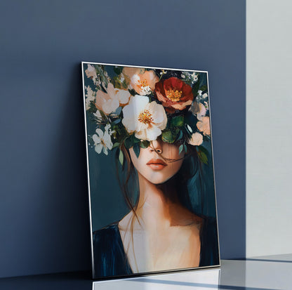 Floral woman portrait art with a dramatic flower crown against a deep blue background
