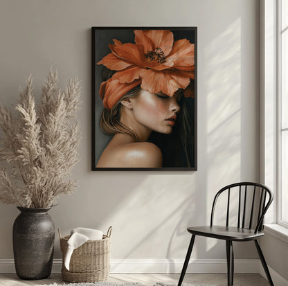 Floral woman portrait art featuring a side profile with dramatic orange flowers
