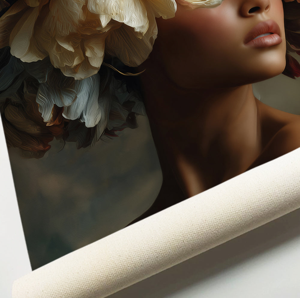Floral woman portrait print with cream, golden yellow and deep red peonies arranged around her face
