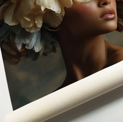 Floral woman portrait print with cream, golden yellow and deep red peonies arranged around her face